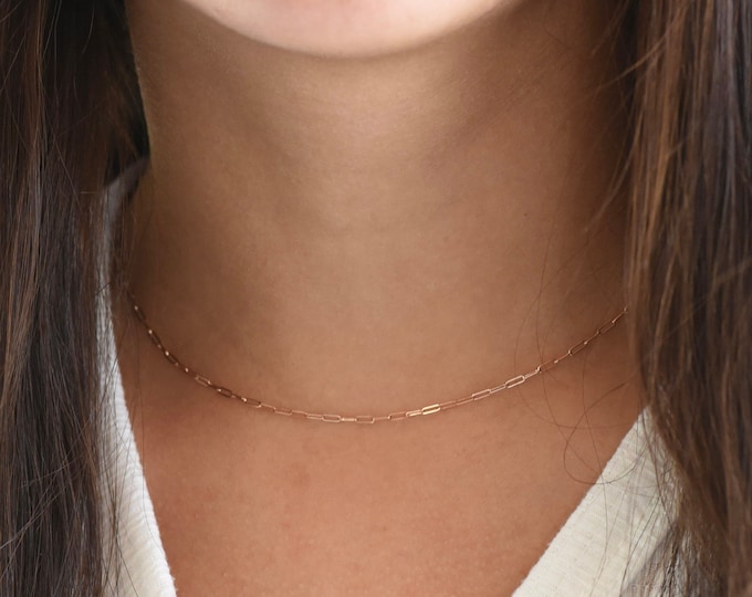 14K Gold Paper Clip Chain Necklace, 14K rose gold adjustable necklace