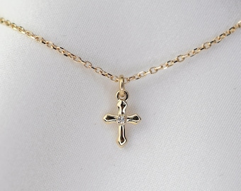 14K Gold Tiny Diamond Cross Necklace: Delicate Charm