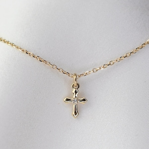 14K Gold Tiny Diamond Cross Necklace - Tiny diamond, Tiny Cross Charm