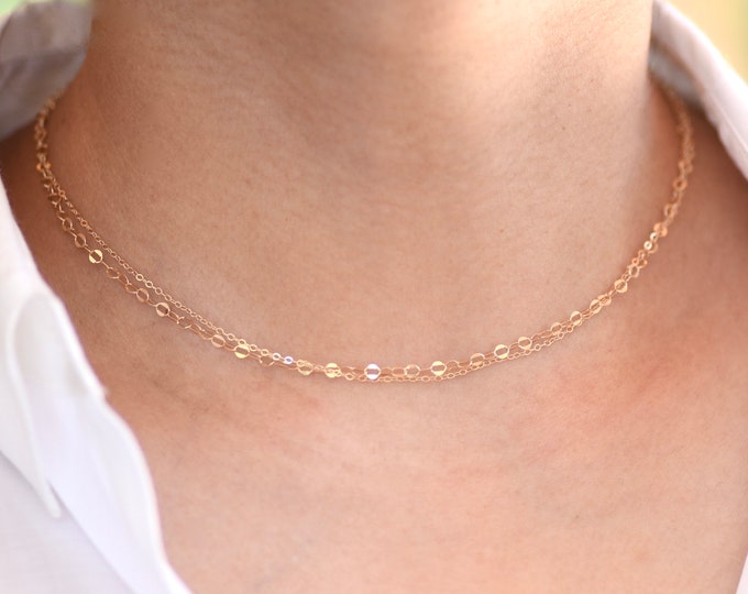 14K Gold Double Chain Necklace - 14K Gold Double Chain Choker.