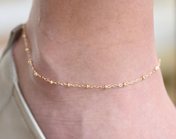 14K Gold Delicate Anklet  - Satellite Anklet - Solid Gold Simple Anklet - Gold Satellite Chain Anklet