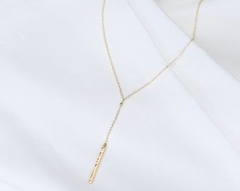 14k Gold Y Necklace - Hammered bar -  14k dainty y necklace