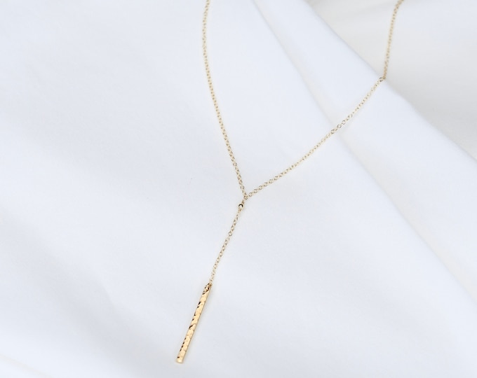 14k Gold Y Necklace - Hammered bar -  14k dainty y necklace