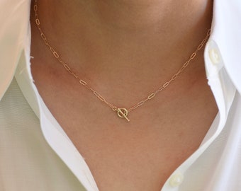 14K Gold Toggle Necklace, Gold Paper Clip Chain, Delicate Necklace Gold Choker. 14K gold Long Link Chain