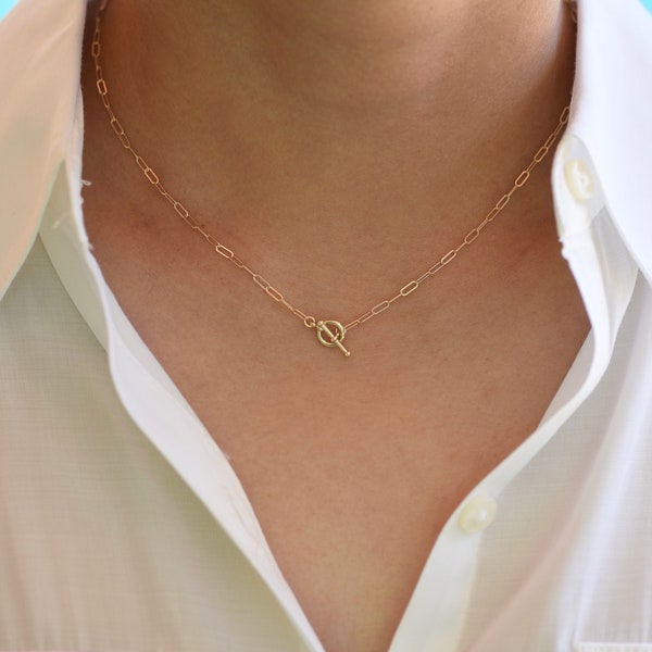 14K Gold Toggle Necklace, Gold Paper Clip Chain, Delicate Necklace Gold Choker. 14K gold Long Link Chain