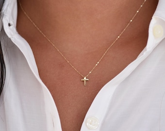 14K Gold Tiny Cross Necklace: Delicate Floating Pendant