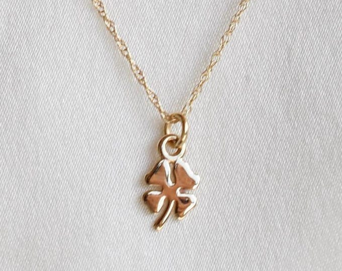 14K Solid Gold Tiny Clover Necklace • Dainty Adjustable Necklace • Delicate Gold Charm • Real Solid Gold Minimalist Jewelry