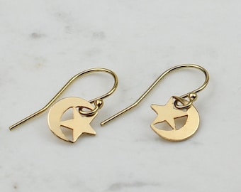 Small star and moon earrings. Crescent moon dangle earrings.