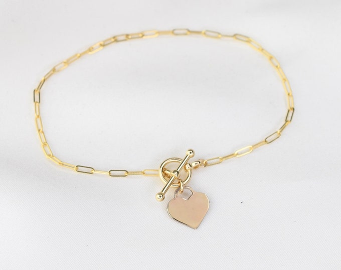 14K Yellow Gold Heart Toggle Bracelet.  14K Yellow Gold Paper Clip Chain Bracelet. 14k Yellow Gold 1.5mm Paper Clip Chain