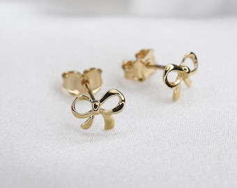 14K Gold Bow Earrings. 14K Gold Tiny Bow Stud Earrings.