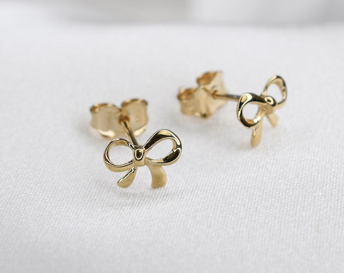 14K Gold Bow Earrings. 14K Gold Tiny Bow Stud Earrings.