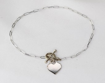 14K White Gold Toggle Heart Bracelet.  14K White Gold Paper Clip Chain Bracelet. 14k White Gold 1.5mm Paper Clip Chain