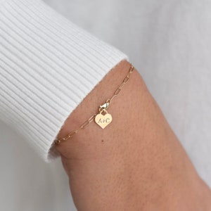 14K Gold Personalized Heart Charm Bracelet Gold Paper Clip Chain Bracelet 14k yellow gold. 14k white gold image 8