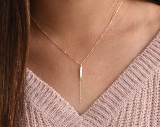 14k Gold Tiny Diamond Bar Y Necklace