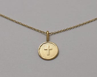 14K Solid Gold Cross Necklace, Dainty Minimalist Cross Charm, Christian Jewelry, Faith Necklace, Tiny Gold Cross, Baptism Gift