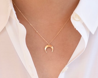 14K Solid Gold Tiny Crescent Moon Necklace – Dainty 14K Gold Crescent Moon Charm Necklace