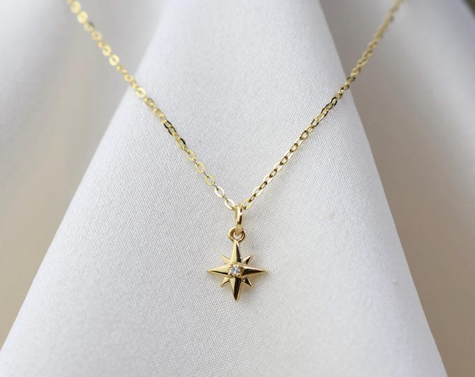 14K Gold Starburst Necklace – Dainty Diamond Charm Necklace – Minimalist Gold Jewelry