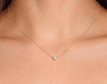 14K Gold Delicate Pearl Necklace: Floating Pearl Choker