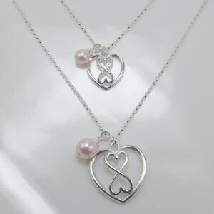 Mother Daughter heart Infinity necklace set, Heart Infinity necklaces, Silver Infinity, Pink Pearl Necklace image 2