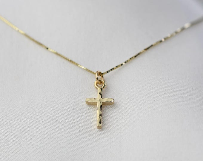 14K Solid Gold Tiny Hammered Cross Necklace. 14K Gold Small Hammered Cross Pendant. 14k Gold 0.5mm Box Chain.