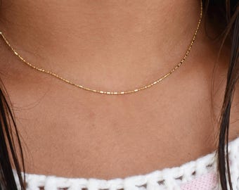 14K Gold 0.9mm Alternating Cylinder and Round Bead Necklace