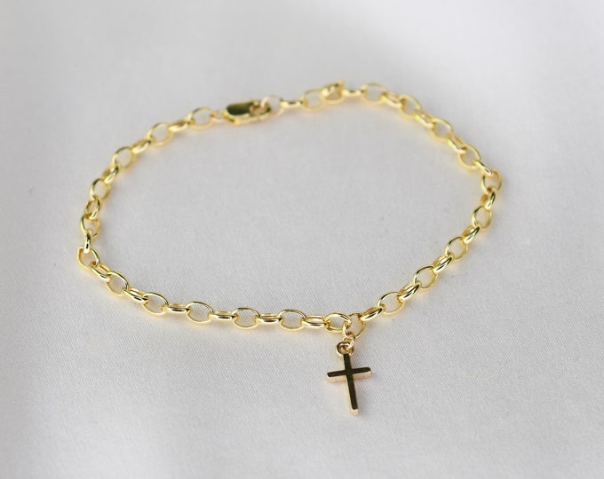 14K Gold Cross Bracelet. 14K Gold Rolo Chain Bracelet