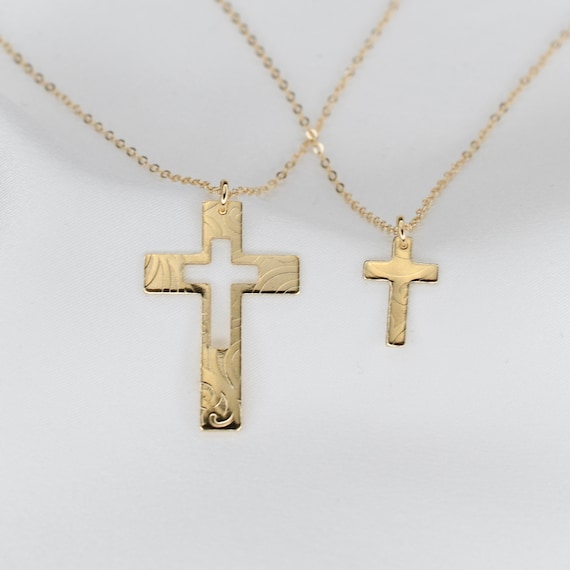 14K Solid Gold Mother Daughter Cross Necklace 14k Gold Cross
