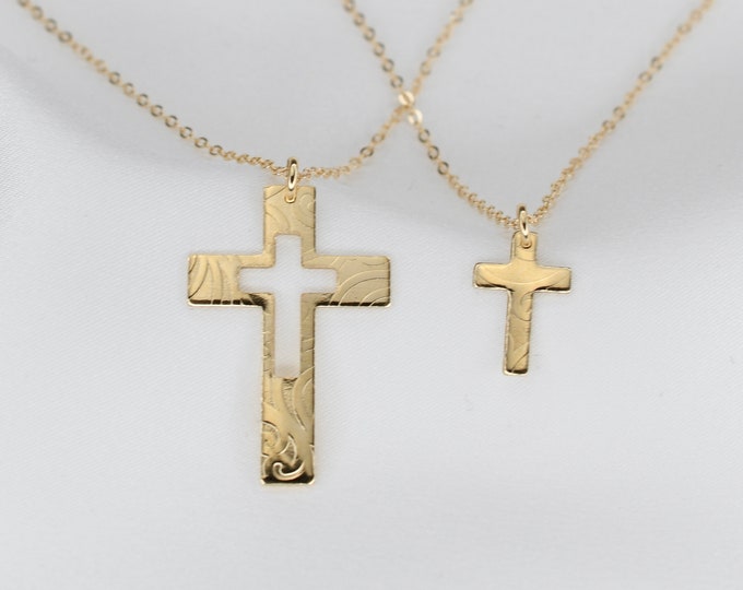 14K Solid Gold Mother daughter Cross Necklace - 14k gold cross necklace set