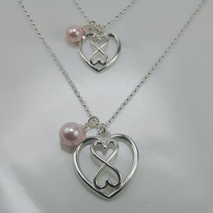 Mother Daughter heart Infinity necklace set, Heart Infinity necklaces, Silver Infinity, Pink Pearl Necklace image 4