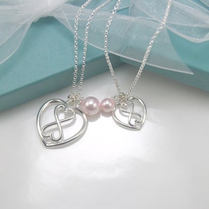 Mother Daughter heart Infinity necklace set, Heart Infinity necklaces, Silver Infinity, Pink Pearl Necklace image 3