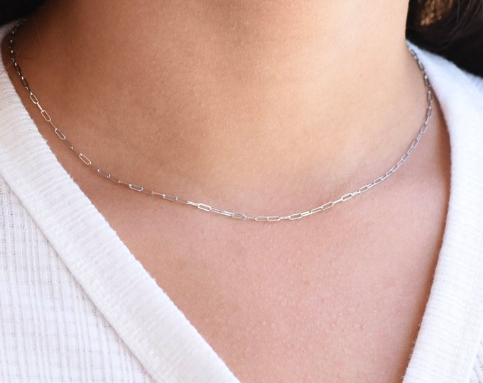 14K Gold Paper Clip Chain Necklace, 14K white gold adjustable necklace