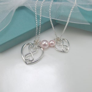 Mother Daughter heart Infinity necklace set, Heart Infinity necklaces, Silver Infinity, Pink Pearl Necklace image 5