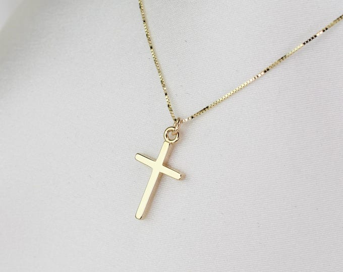 14K Gold Small Cross Necklace. 14K Gold Simple Cross Necklace. 14k Gold 0.5mm Box Chain.