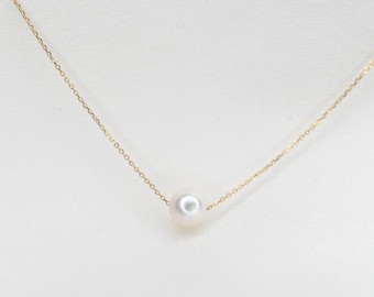 14K Gold Delicate Pearl Necklace, 14K Gold Delicate Choker. 14K gold floating small pearl necklace. 14k yellow gold. 14k white gold