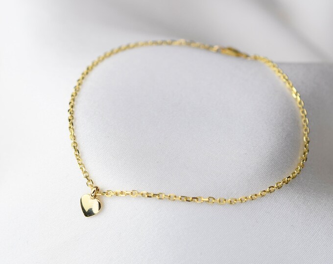 14K Gold Tiny Heart Bracelet. 14K gold beveled cable chain bracelet