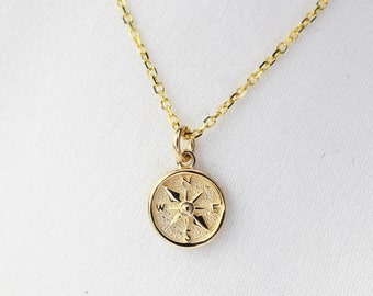 14K Gold North Star Charm Necklace. 14k gold compass necklace, 14k gold tiny compass charm.  Graduation gift, Travel necklace