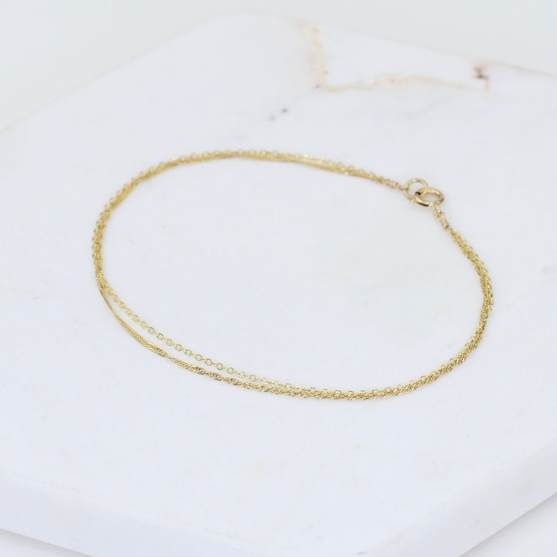 14K Gold Dainty Double Chain Bracelet 14K Solid Gold Bracelet image 2