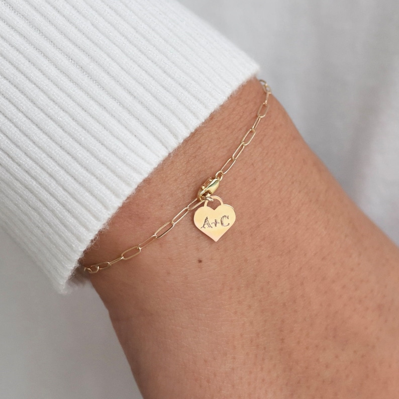 14K Gold Personalized Heart Charm Bracelet Gold Paper Clip Chain Bracelet 14k yellow gold. 14k white gold image 3