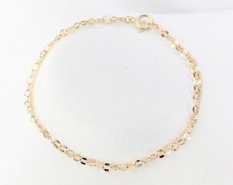14K Gold Double Chain Bracelet — Dapped Oval + Light Curb