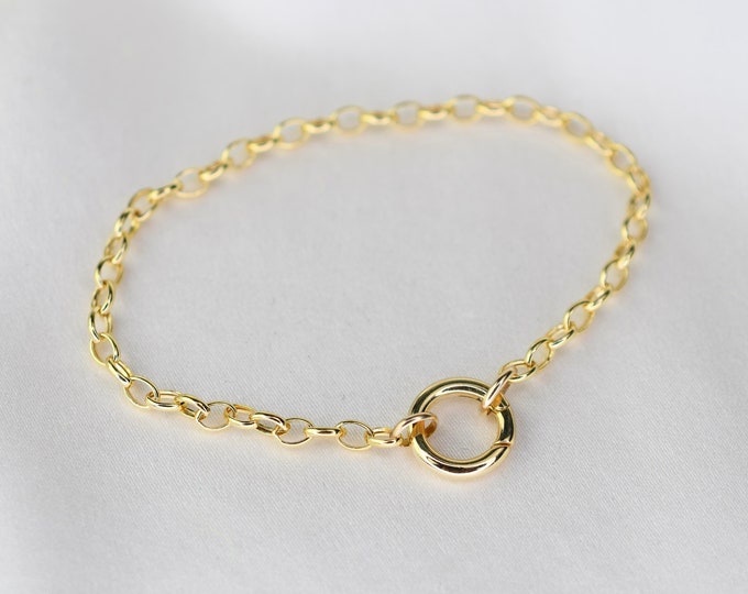 14K Gold Charm Holder Bracelet. 14K Gold Rolo Chain Bracelet - Hinged Circle Bail