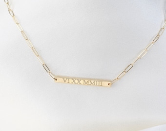 14K Gold Personalized Bar Necklace: Paper Clip Chain