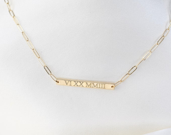 14K Gold Personalized Bar Necklace, 14K Gold Paper Clip Chain, 14k Gold Bar Necklace. 14K gold Long Link Chain