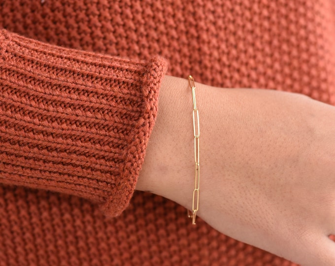 14K Gold Paper Clip Chain Bracelet, 14K gold Long Link Chain Bracelet