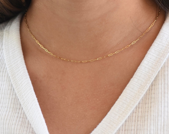 14K Gold Paper Clip Chain Necklace, 14K yellow gold adjustable necklace