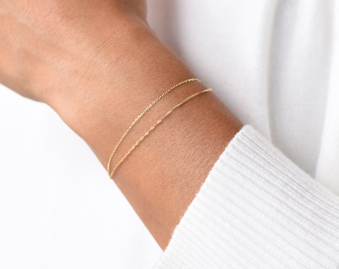 14K Gold Dainty Double Chain Bracelet - 14K Solid Gold Bracelet