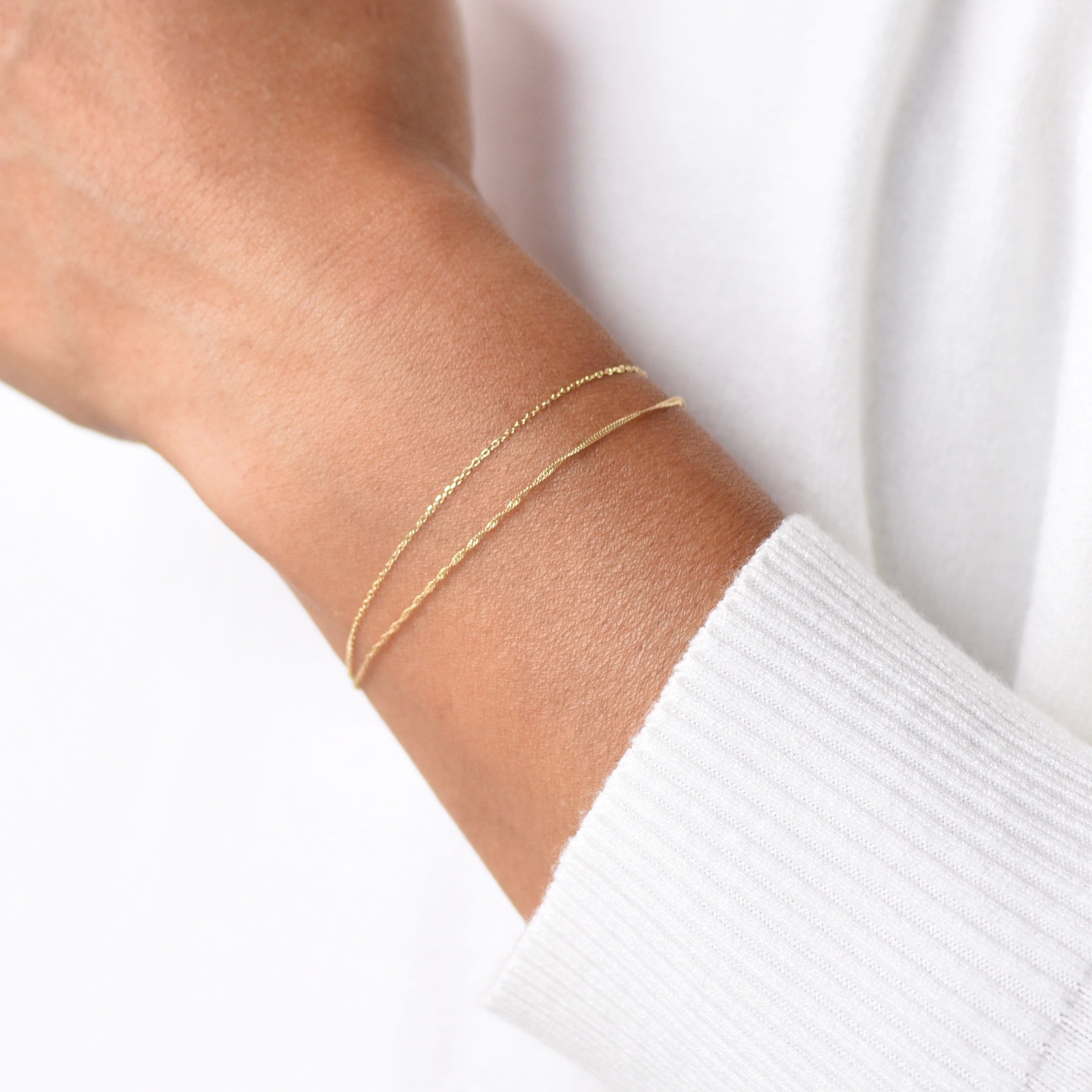 Dainty Double Chain Bracelet in Solid 14K Gold 7 inch / 14K Yellow Gold