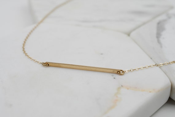 14K Gold Bar Necklace. 14K Gold Horizontal Bar Necklace. Bar