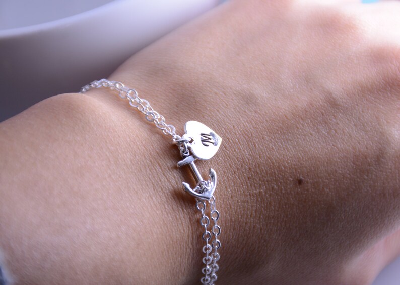 Anchor Bracelet Sterling Silver Anchor With Heart Initial Etsy