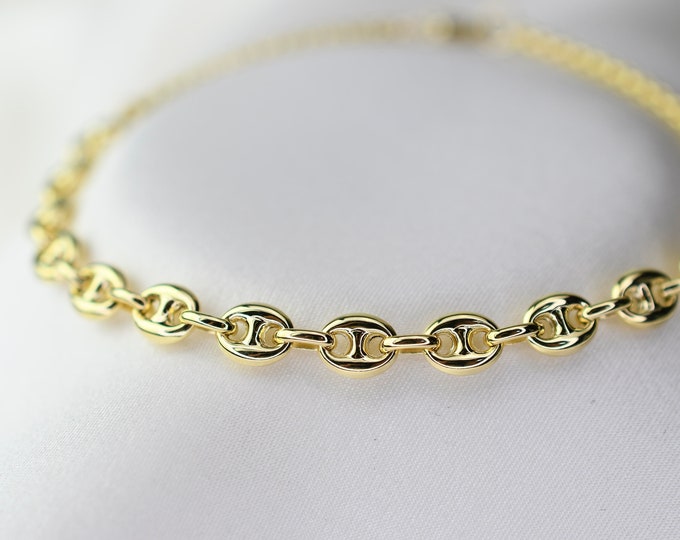 Anchor Chain 14k Bracelet, Gold Puffed Anchor Bracelet, Solid Gold Chain Bracelet, Minimalist Delicate Bracelet, Gold Stacking Bangle