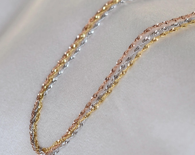 14K Gold Sparkle Multi Chain Bracelet – Dainty Tri Color Gold Bracelet – 1.1mm Solid Gold Layered Chain Bracelet